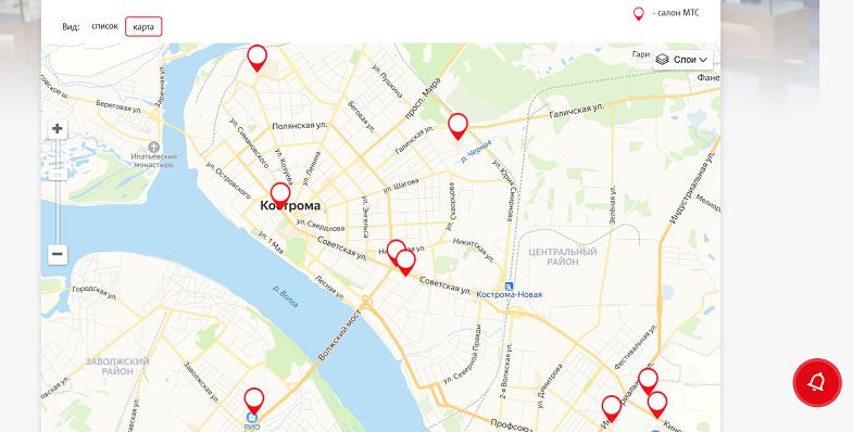 Карта салонов связи МТС в Костроме